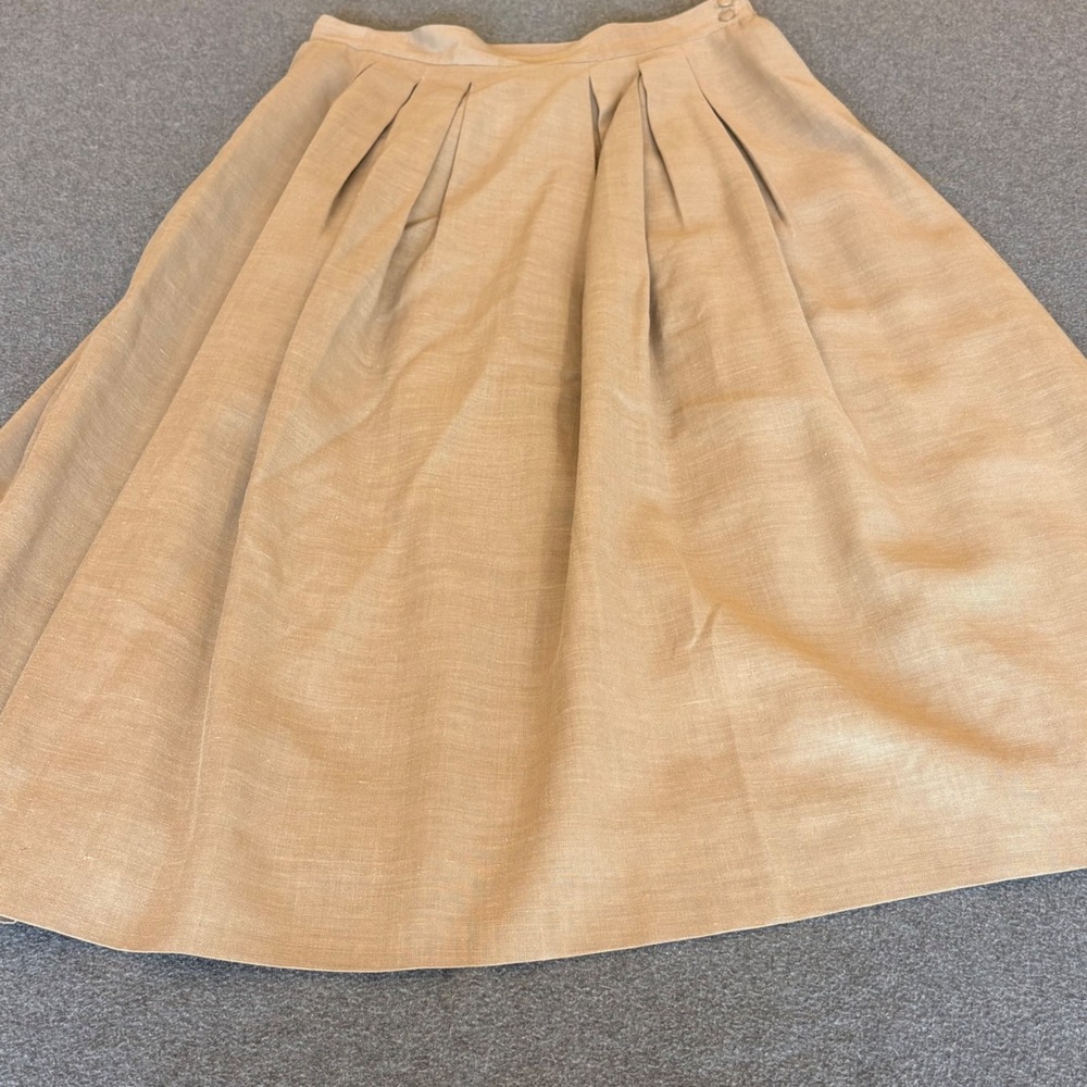 Vintage J.G. Hook Tan Linen Blend Pleated Midi Skirt Brown Size 14